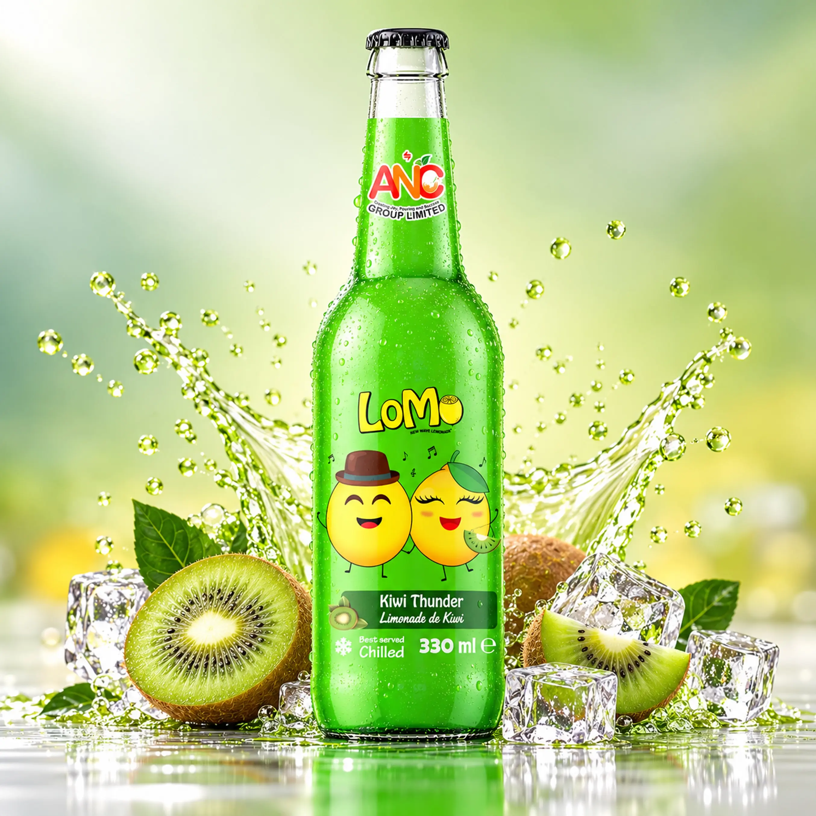 LoMo Kiwi Thunder 330ml glass bottle with fresh kiwi fruit, ice cubes, and green fruit splash.